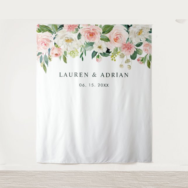 Blush Pink Bloom Wedding Backdrop Tapestry (Front)
