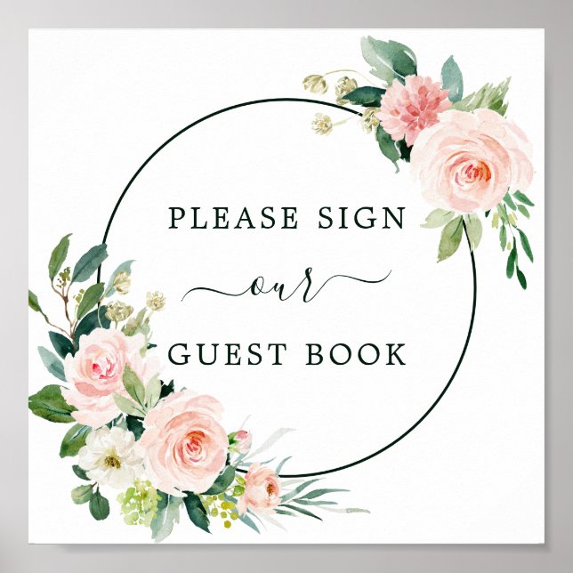 Blush Pink Bloom Wedding Guest Book Sign (Front)