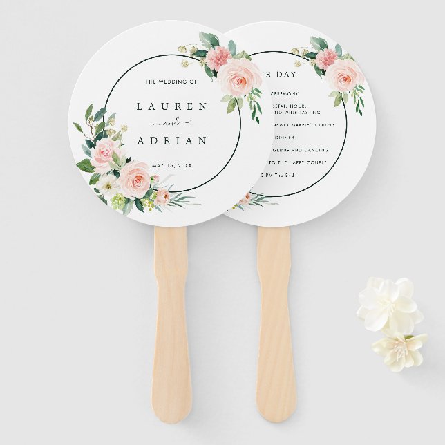 Blush Pink Bloom Wedding Program Hand Fan (Front and Back)