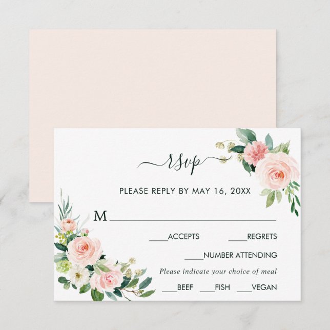 Blush Pink Bloom Wedding RSVP with Meal Choice Card (Front/Back)