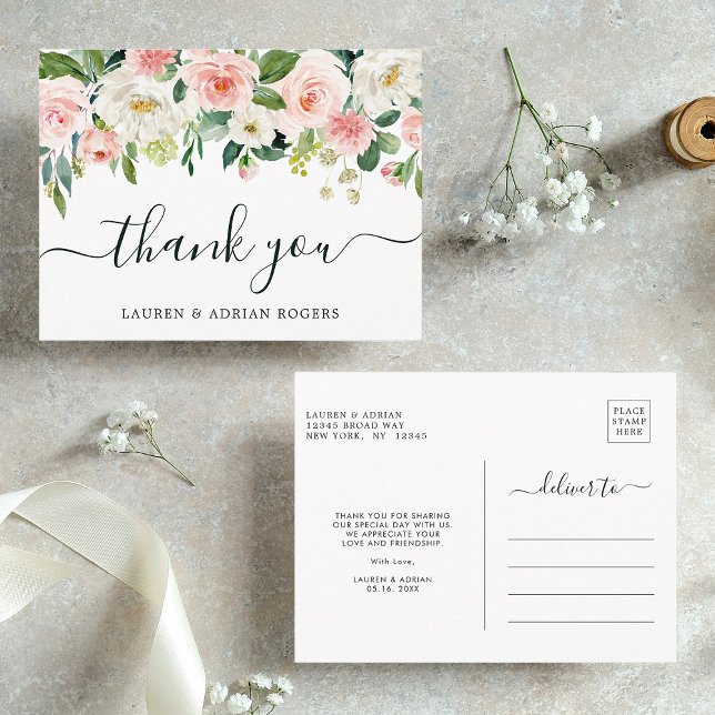 Blush Pink Bloom Wedding Thank You Postcard (Front & Back)