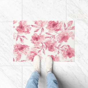 Blush Pink Blossoms Watercolor Painted Airy Floral Doormat