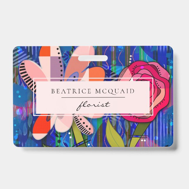 Blush pink blue abstract modern floral ID badge (Front)