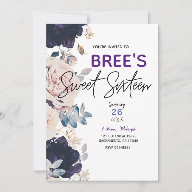 Blush Pink & Blue Botanical Floral Sweet 16 Party Invitation (Front)