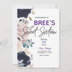 Blush Pink & Blue Botanical Floral Sweet 16 Party Invitation