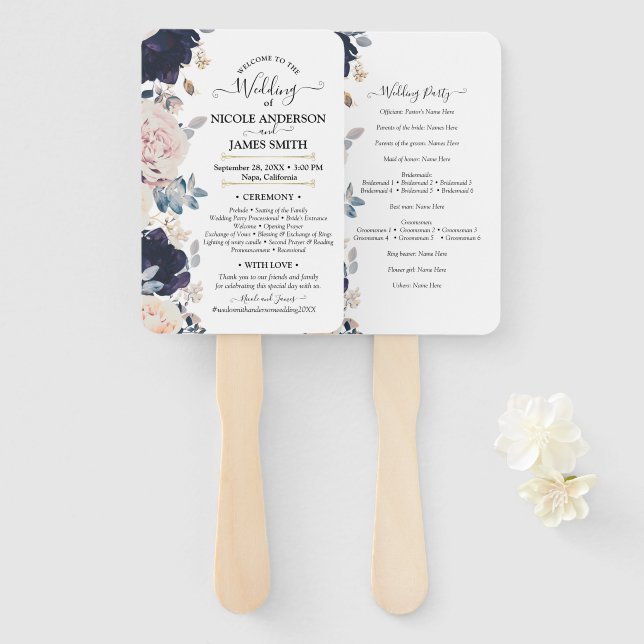 Blush Pink & Blue Botanical Floral Wedding Hand Fan (Front and Back)