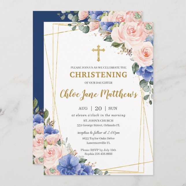 Blush Pink Blue Floral Gold Baptism Christening  I Invitation (Front/Back)