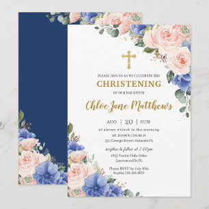 Blush Pink Blue Floral Gold Baptism Christening  Invitation