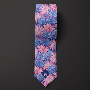 Blush Pink & Blue Floral Monogram Tie