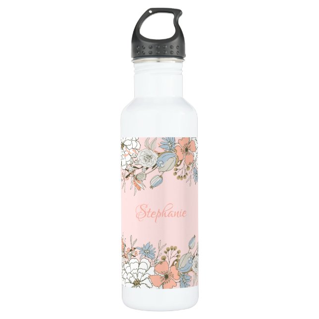 Blush Pink Blue Floral Personalised 710 Ml Water Bottle (Front)