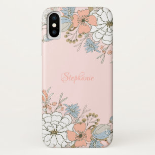 Blush Pink Blue Floral Personalised iPhone X Case