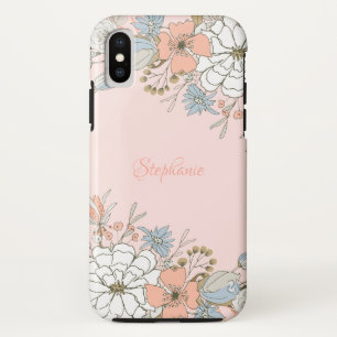 Blush Pink Blue Floral Personalised iPhone X Case