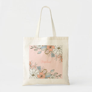 Blush Pink Blue Floral Personalised Monogram Tote Bag