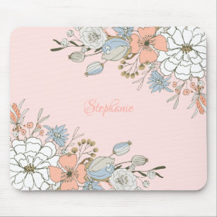 Blush Pink Blue Floral Personalised Mouse Pad
