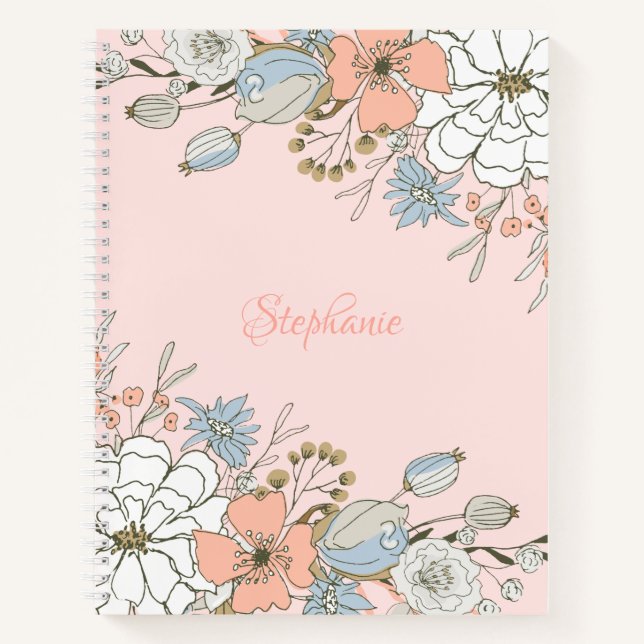 Blush Pink Blue Floral Personalised Notebook (Front)
