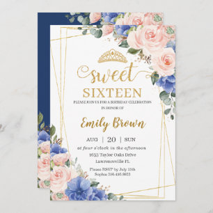Blush Pink Blue Floral Sweet 16 Sixteen Birthday Invitation