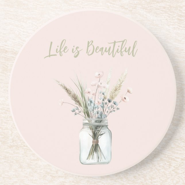 Blush Pink Blue Flowers in Jar Coaster (Front)