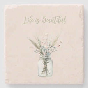 Blush Pink Blue Flowers in Jar Stone Coaster