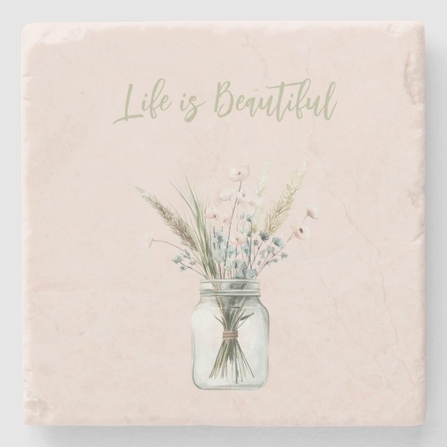 Blush Pink Blue Flowers in Jar Stone Coaster (Front)