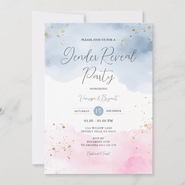 Blush Pink & Blue Gender Reveal Gold Glitter Invitation (Front)