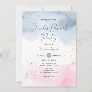 Blush Pink & Blue Gender Reveal Gold Glitter Invitation
