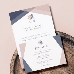Blush Pink Blue Geometric Chinese Wedding Details  Invitation