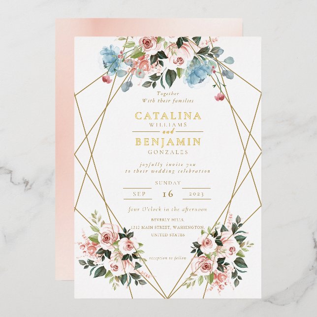 Blush Pink Blue Geometric Gold Lettering Wedding (Front/Back)