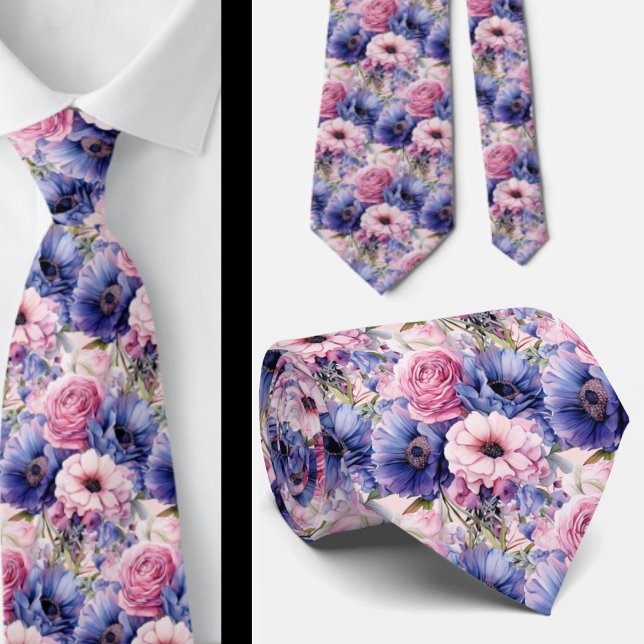 Blush Pink Blue Purple Violet Flowers Floral Tie (Creator Uploaded)