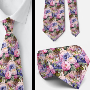 Blush Pink Blue Purple Violet Flowers Floral Tie