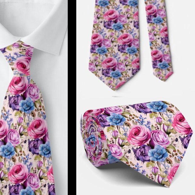 Blush Pink Blue Purple Violet Flowers Floral Tie (Creator Uploaded)
