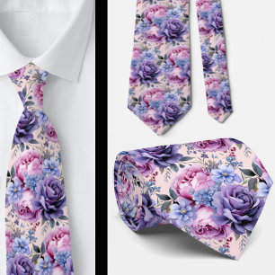 Blush Pink Blue Purple Violet Flowers Floral Tie