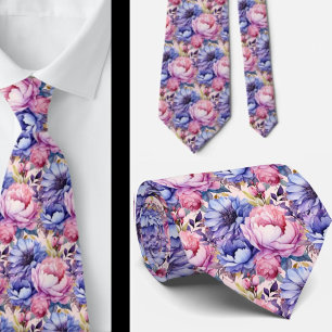 Blush Pink Blue Purple Violet Flowers Floral Tie