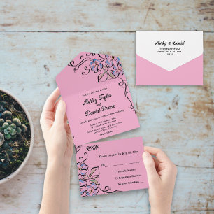 Blush Pink Blue Roses Simple Modern Floral Wedding All In One Invitation