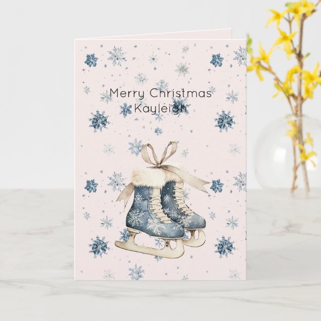 Blush Pink Blue Snowflakes Ice Skates Christmas Card (Yellow Flower)