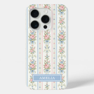 Blush Pink Blue Watercolor Floral Striped iPhone 15 Pro Case