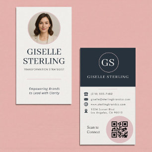 Blush Pink Blush & Navy Blue Photo QR Code Business Card
