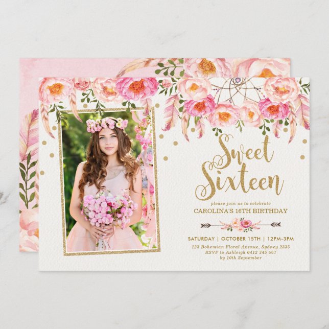 Blush Pink Bohemian Flowers Sweet 16 Birthday Invitation (Front/Back)