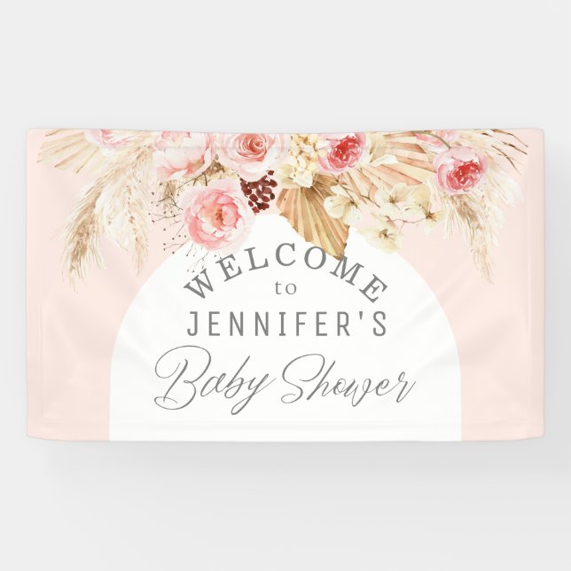 Blush pink Boho Arch Floral Pampas Baby Shower Banner (Horizontal)