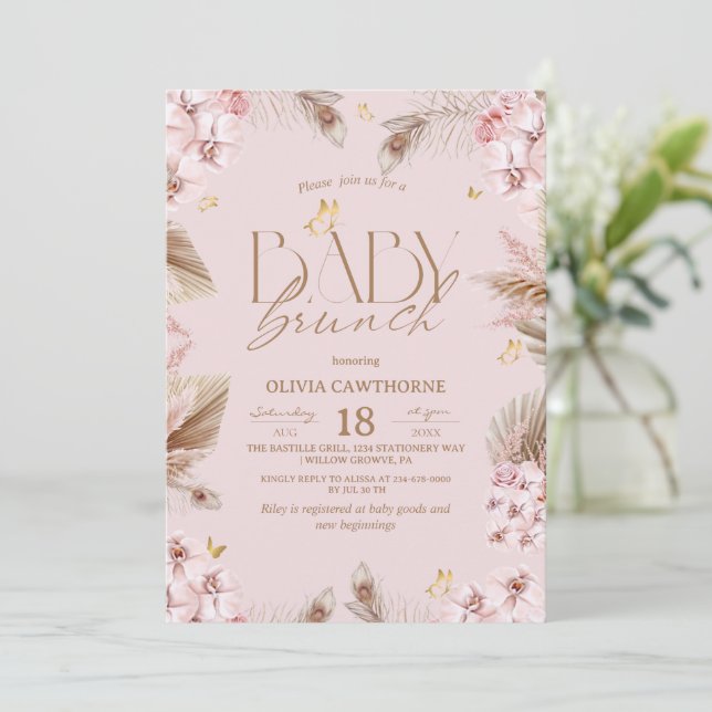  Blush Pink Boho Baby Shower Girl Baby Brunch  Invitation (Standing Front)