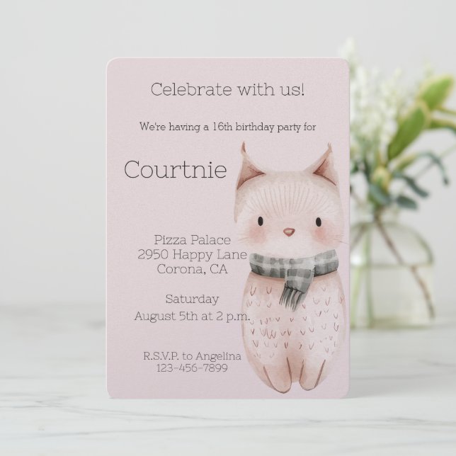 Blush Pink Boho Cat Birthday Invitation (Standing Front)