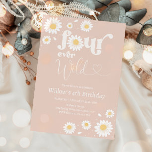 Blush Pink Boho Daisy Four Ever Wild 4th Birthday Invitation