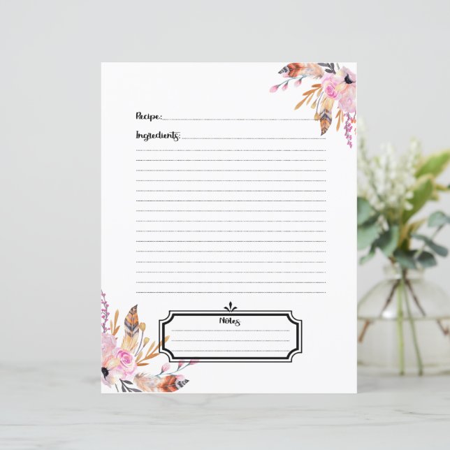 Blush pink boho feathers white recipe sheet insert (Standing Front)