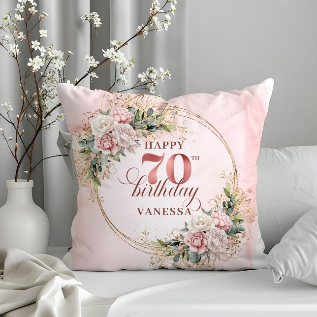 Blush Pink Boho Flowers Greenery Frame 70 birthday Cushion (Blush Pink Boho Flowers Greenery Frame 70th birthday pillow

)