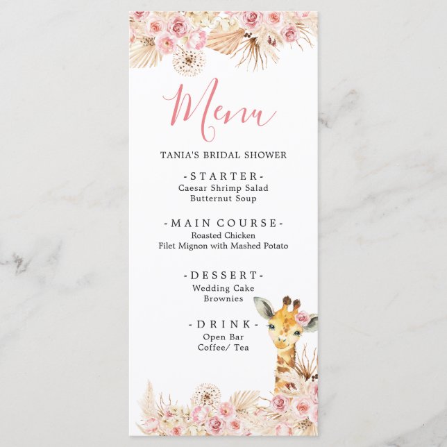 Blush Pink Boho Giraffe Baby Shower Menu Card (Front)