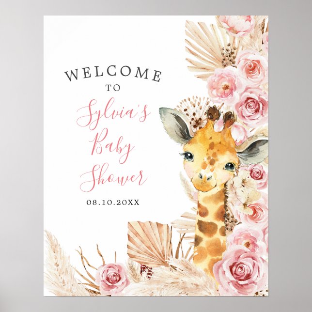 Blush Pink Boho Giraffe Baby Shower Welcome Sign (Front)