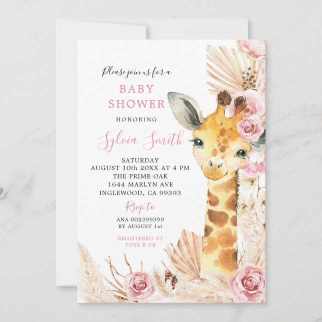 Blush Pink Boho Giraffe Girl Baby Shower Invitation (Front)