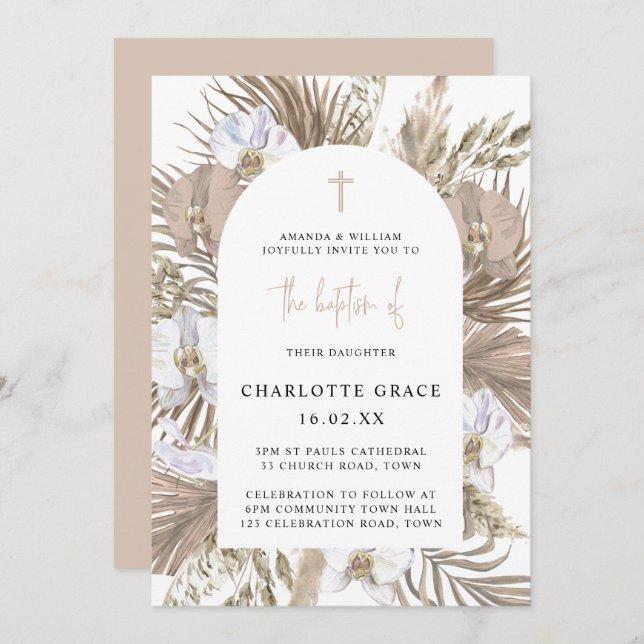 Blush Pink Boho Palm Floral Arch Baptism Invitatio Invitation (Front/Back)