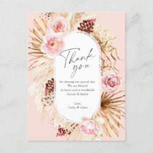 Blush Pink Boho Pampas Grass Floral Wedding Thank  Postcard