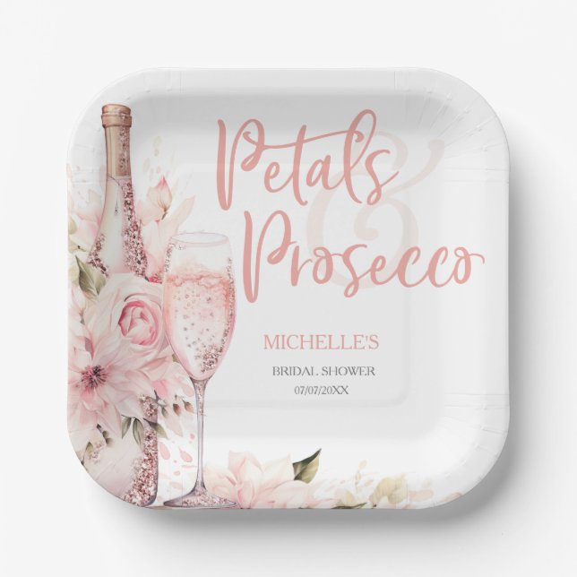 Blush Pink Boho Petals and Prosecco Floral Paper Plate (Front)
