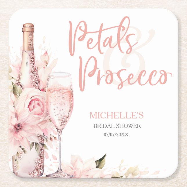 Blush Pink Boho Petals and Prosecco Floral Square Paper Coaster (Front)